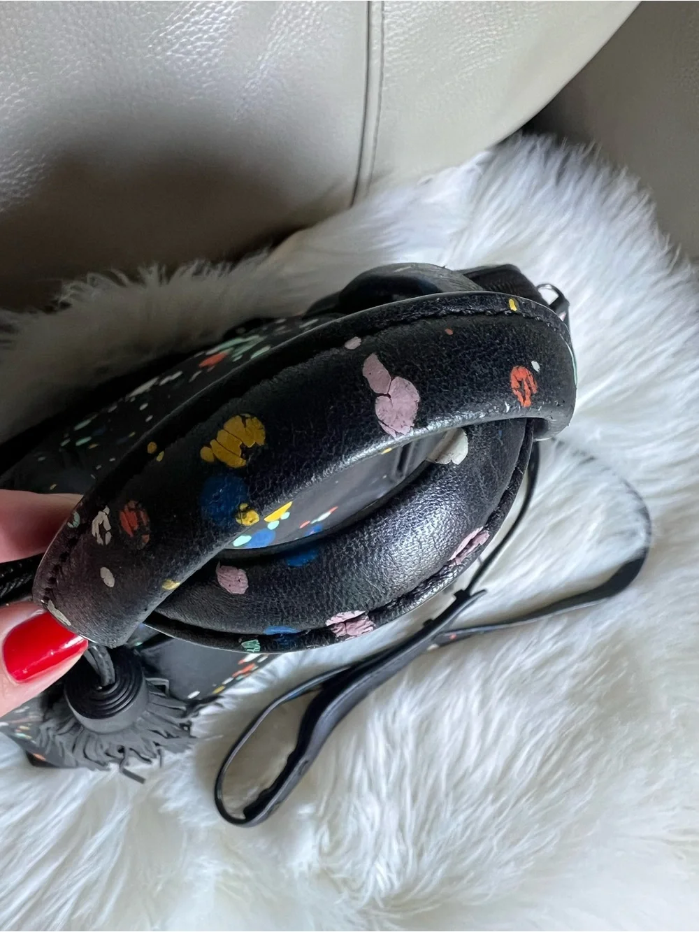 Loeffler Randall Dome Splatter Paint Leather Satchel Black With Tassels Chic